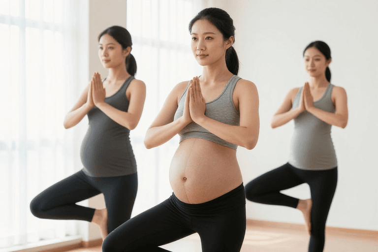 母婴产品素材：孕妇瑜伽：树式体式中的自然力量与柔光美