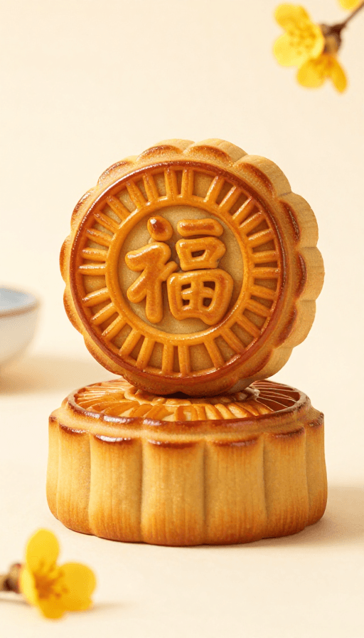 中秋月饼素材：中秋月饼福字特写：精致月桂装饰与写实光影