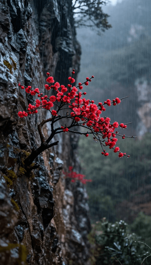 真实摄影素材：深山雨后红腊梅：雨滴晶莹的摄影杰作