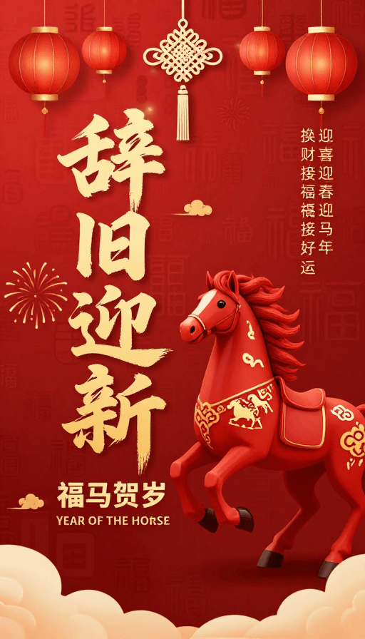 新年贺岁素材：红色中国风新年海报，金马奔腾辞旧迎新