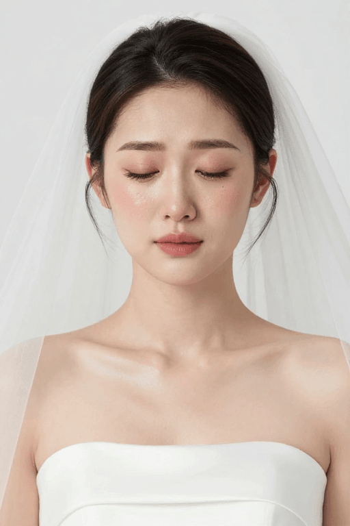 情感宣传素材：闭眼垂泪的新娘：白色婚纱的柔美瞬间