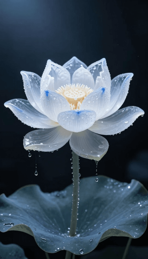 深色背景素材：冰晶莲花绽放：冷调光影艺术摄影