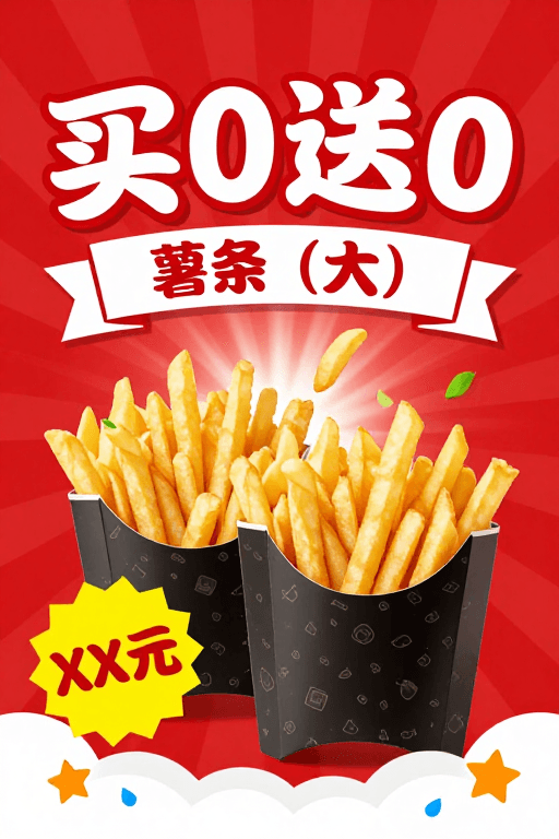 喜庆风格素材：买0送0炸薯条大促：热烈喜庆节日促销海报