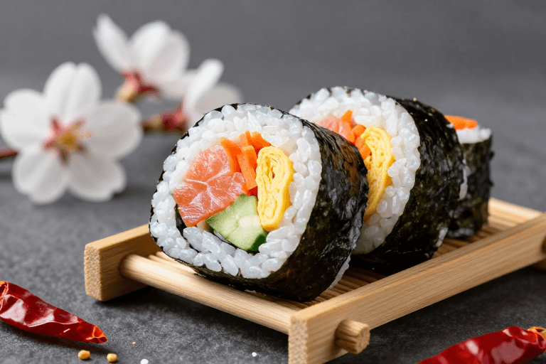 冷调氛围素材：精致寿司特写：樱花与辣椒点缀的冷调日料艺术