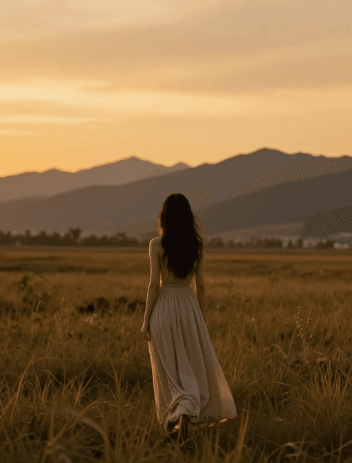 夕阳摄影素材：夕阳下的米色裙影：宁静田野中的神秘瞬间