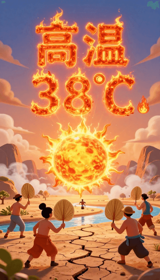 高温预警素材：后羿遗落小太阳引高温38°C，3D国风卡通热浪图