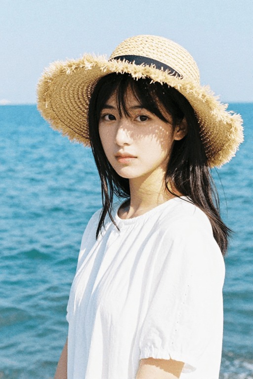 低饱和度素材：日系海边少女：草帽与树荫光的温柔瞬间