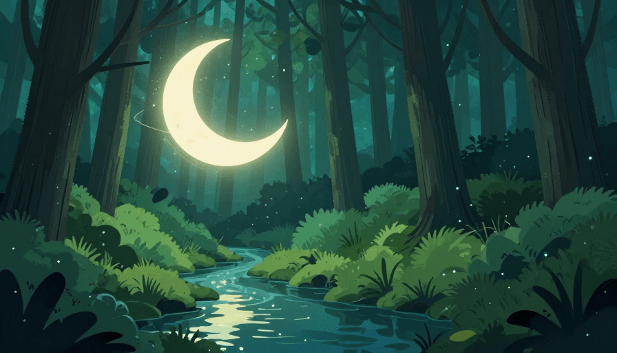 数字绘画素材：梦幻青绿森林夜景插画：新月流光与静谧魔法
