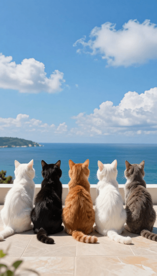 超现实主义摄影素材：超现实五猫背影：蔚蓝海景下的对称之美