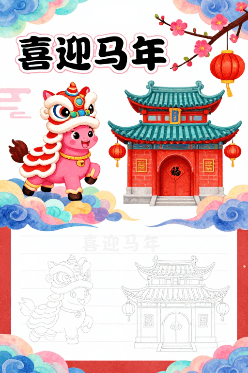 马年新春素材：喜庆手绘马年海报：彩绘舞狮与古韵楼阁