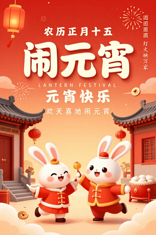 社交媒体素材：喜庆中国风元宵节海报：热闹祥和团圆佳节