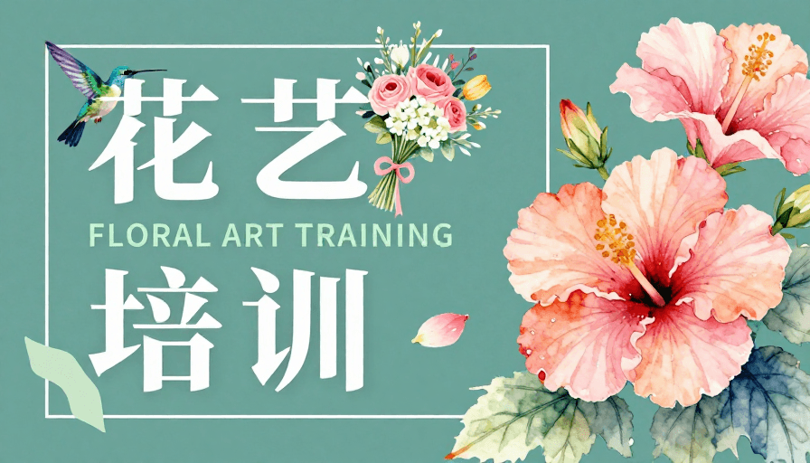 现代排版素材：青绿纹理花艺培训海报，融合现代排版与手绘水彩艺术