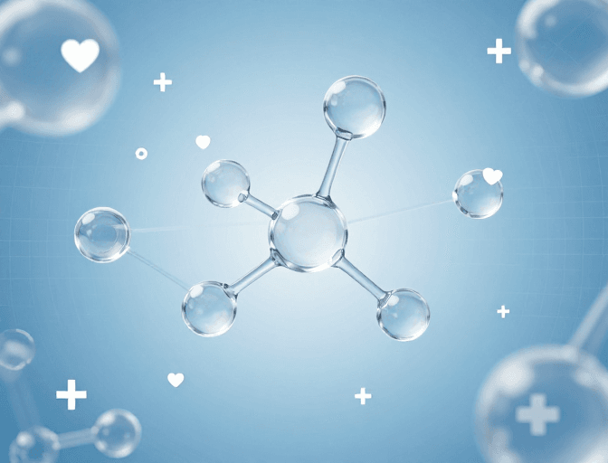 分子结构素材：分子结构网络图：透明球体与医疗符号的科技融合