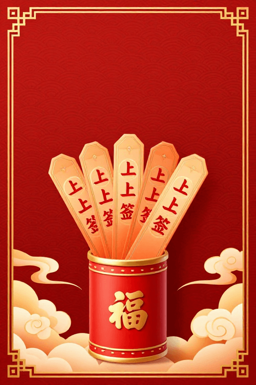 祈福签文素材：红金喜庆签筒插画：传统吉祥福运祈愿