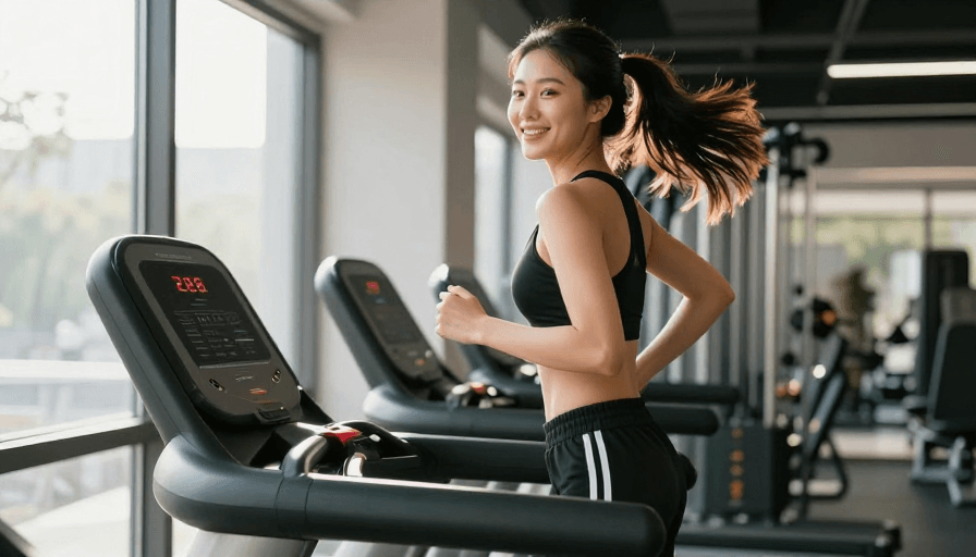 健身女性素材：活力健身：亚洲女性跑步机上的自信瞬间
