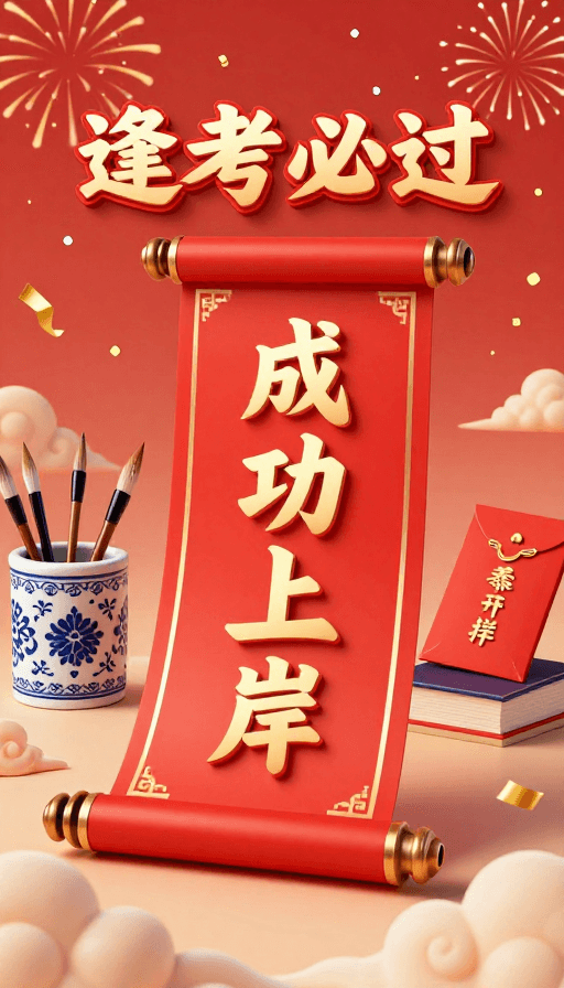 录取通知书素材：水墨风金榜题名：喜庆卷轴上的成功上岸