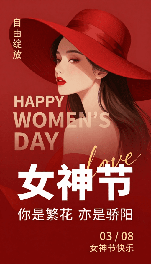 时尚插画素材：红色优雅女神节插画海报
