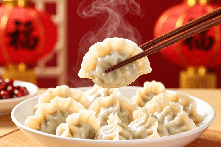 暖红色调素材：新春美味：热气腾腾的饺子与喜庆红灯笼