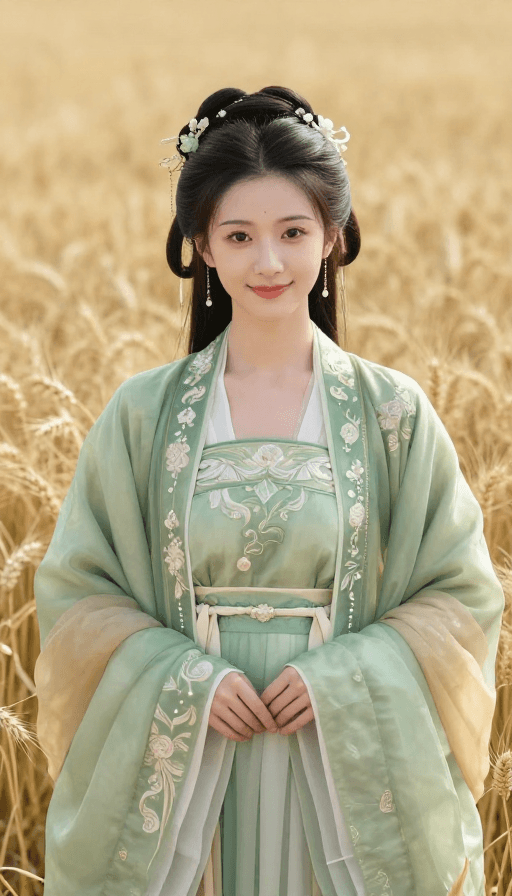 汉服素材：绿衣少女麦田微笑写真