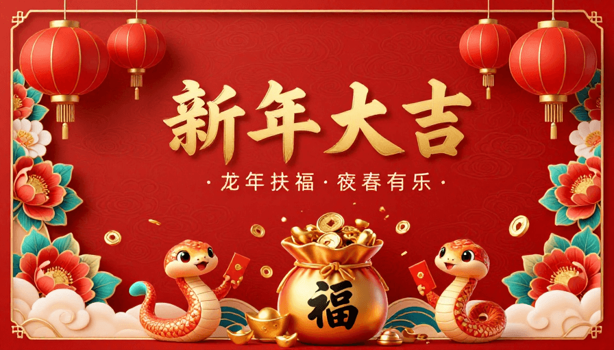 春节素材：春节福运双蛇迎福，红金配色喜庆海报