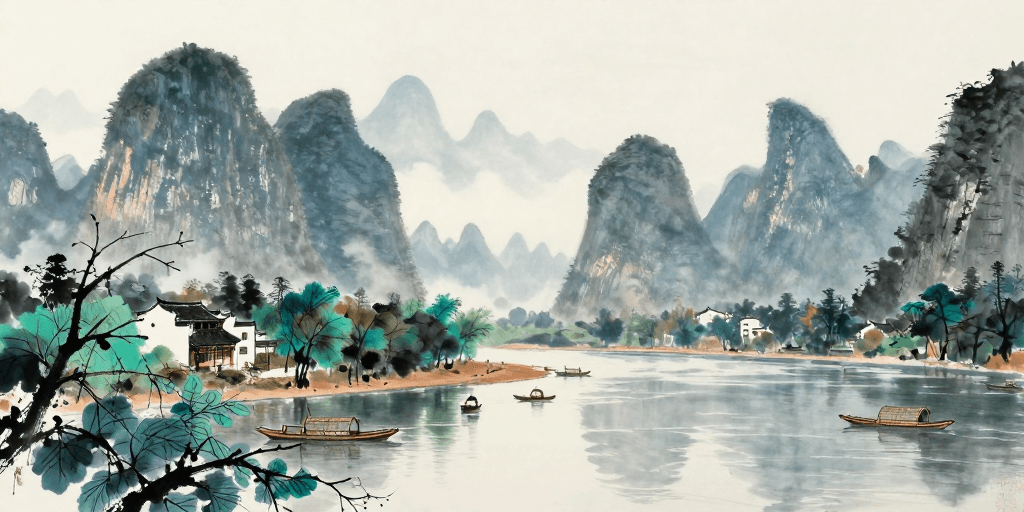传统美学素材：水墨漓江：宁静的国画笔意水乡风景