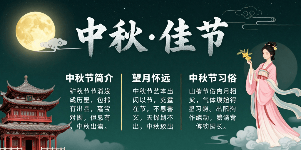 春节海报素材：传统中秋佳节海报：明月、楼阁与汉服仕女
