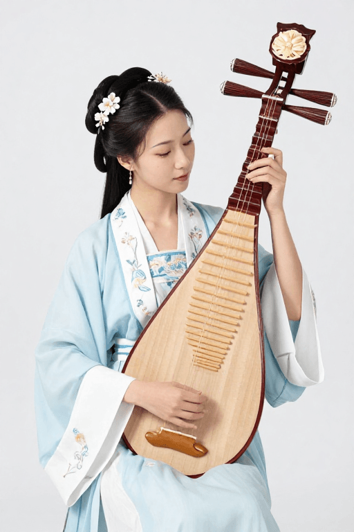 传统服饰素材：青花刺绣汉服仕女琵琶独奏图