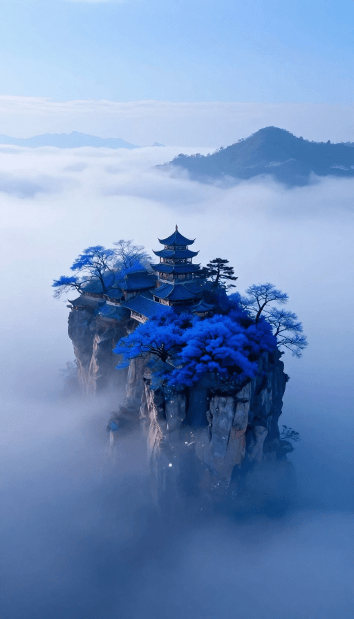 艺术背景素材：梦幻云中仙岛：克莱因蓝云雾秘境
