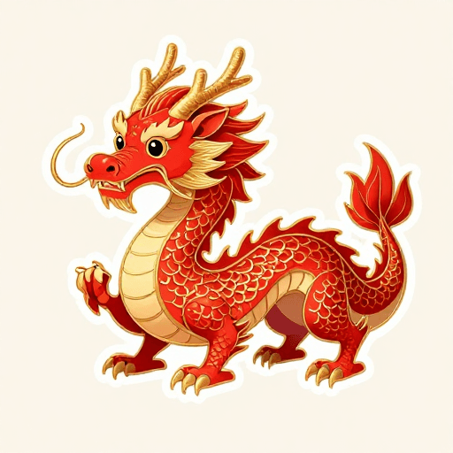 卡通设计素材：古风Q版红龙贴纸，金色线条艺术插画设计