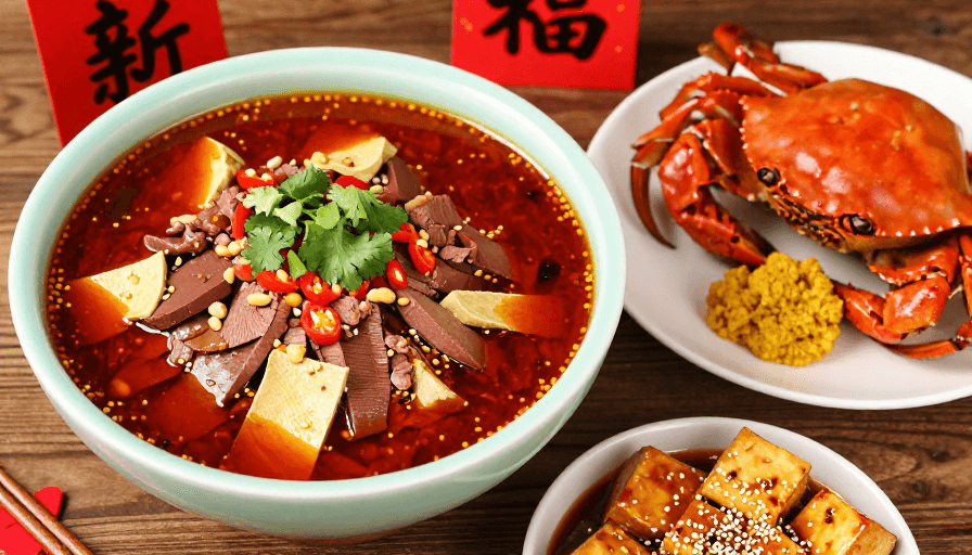 暖色调构图素材：新春福运：青瓷盛装麻辣毛血旺与海鲜盛宴