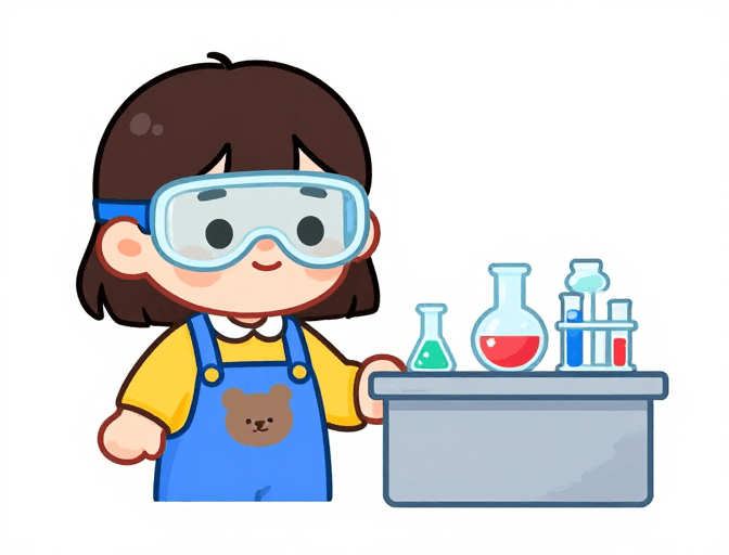 纯净背景素材：明艳卡通女孩科学实验插画：护目镜下的快乐探索
