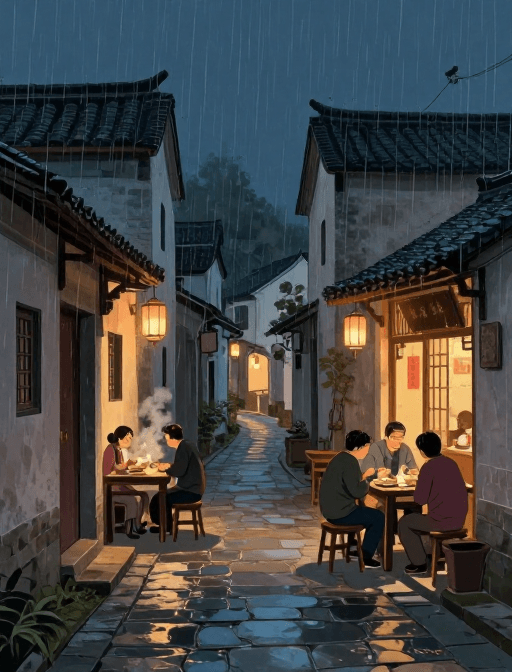 家庭插画素材：雨夜巷暖：乡村一家人的温馨晚餐