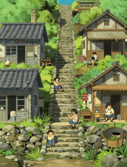 静谧氛围素材：石阶石屋下的静谧生活：宫崎骏风乡村全景插画