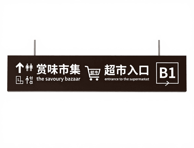 高对比度设计素材：现代简约深棕导视牌，商场超市入口指引