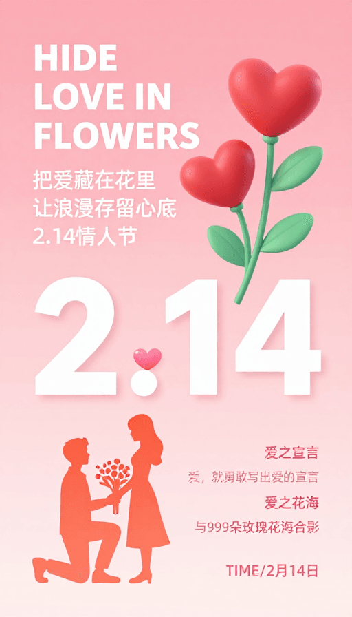 粉色调渐变素材：浪漫3D情人节：爱隐花间