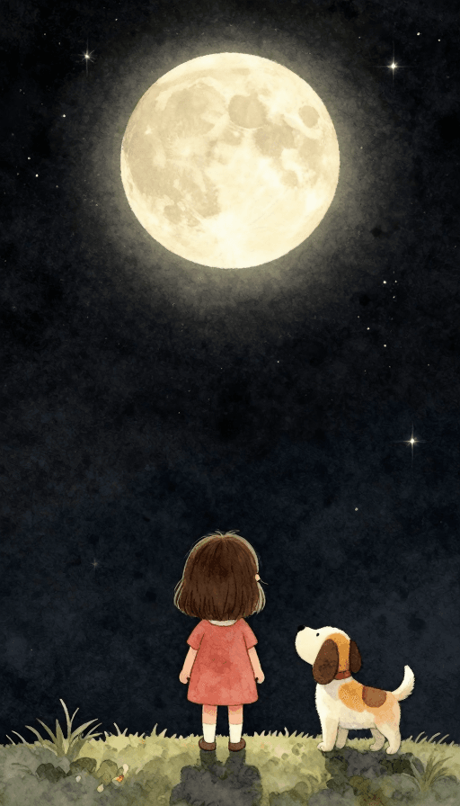 水彩风格素材：夏夜星空下的Q版治愈插画：小女孩与狗狗仰望星河