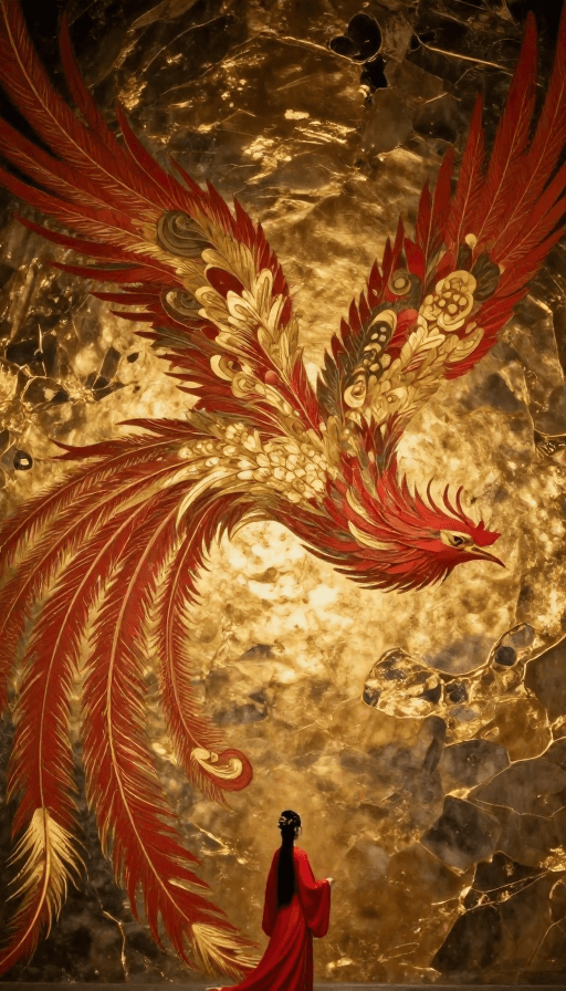 禅意意境素材：红金凤凰与仙女：禅意古风壁画特写