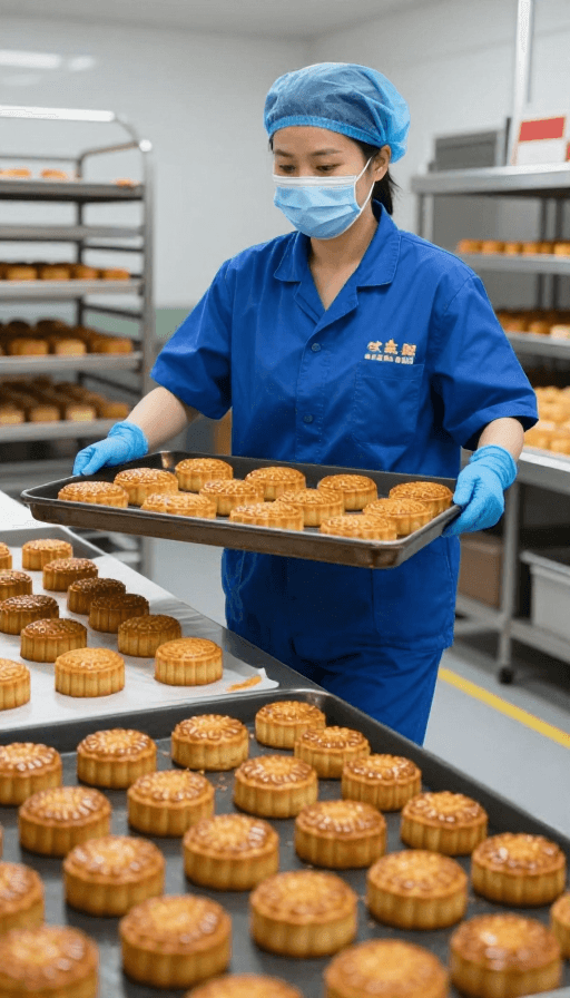 职业女性素材：金黄月饼出炉：专业制作现场高清实景