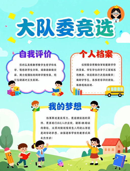 活泼风格素材：清新童趣：儿童大队委竞选活泼插画海报