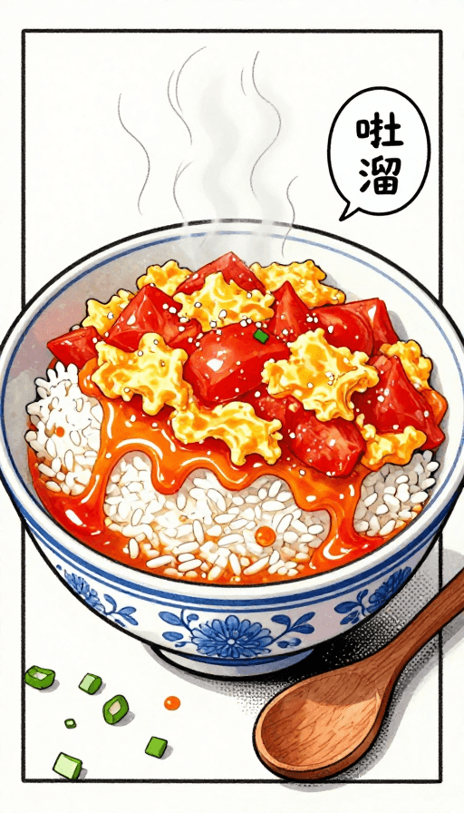 社交媒体分享素材：青瓷碗装番茄蛋炒饭，手绘漫画风美食图