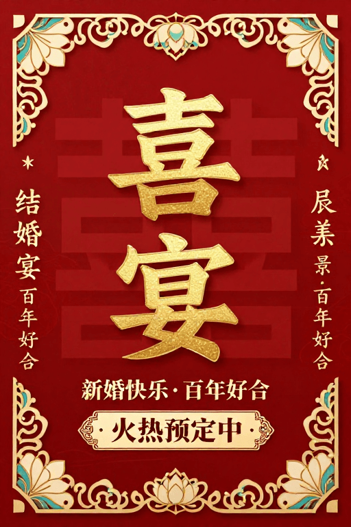 婚庆宣传素材：烫金喜宴·百年好合中式婚礼海报