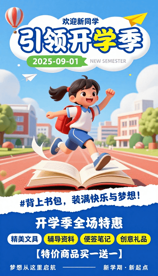 开学季素材：活力童趣开启新学期插画海报