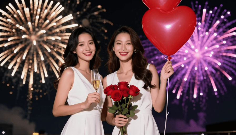 烟花背景素材：浪漫庆典：两位女性在烟花夜空中的幸福时刻