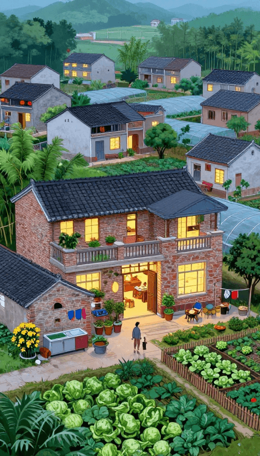 治愈系插画素材：90年代农村夏夜全景：灯火通明的治愈插画