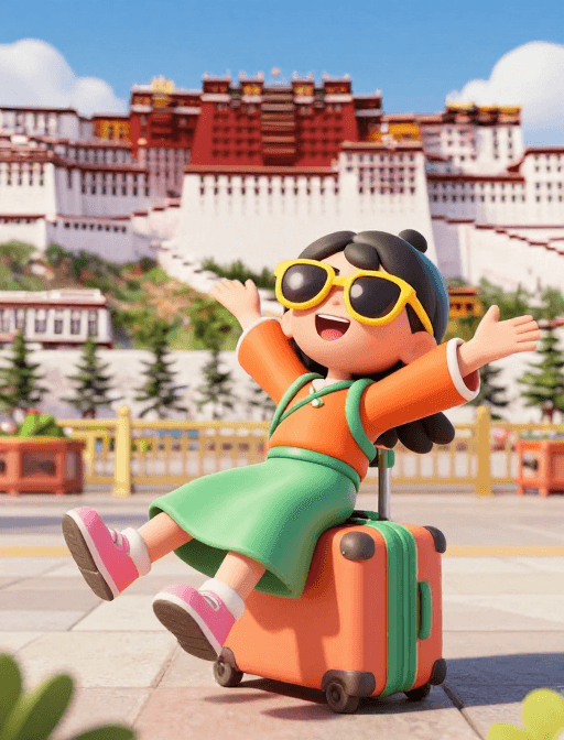 3D插画素材：西藏拉萨3D旅行：活力少女与布达拉宫欢乐之旅