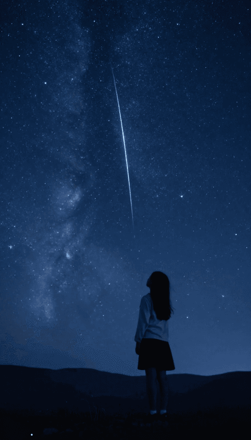 自然奇观素材：中国少女仰望星空，流星划破浪漫夜色