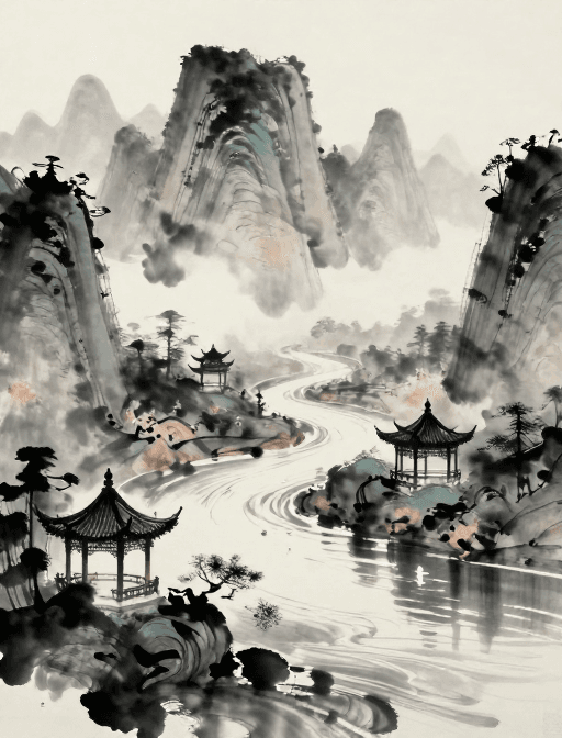 动态光影素材：水墨山水意境：传统与光影交织的梦幻画卷