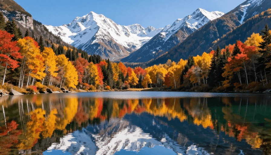 旅游广告素材：秋色映雪：高山湖泊的绝美倒影