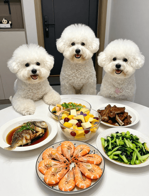 温馨生活素材：温馨家庭：比熊三口之家丰盛聚餐