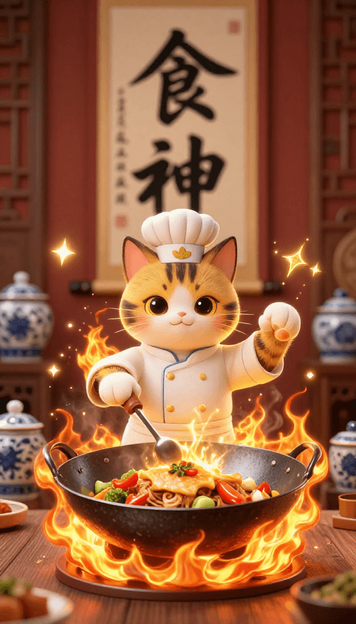 数字渲染素材：中华小当家猫化大厨，火焰翻炒炫金料理